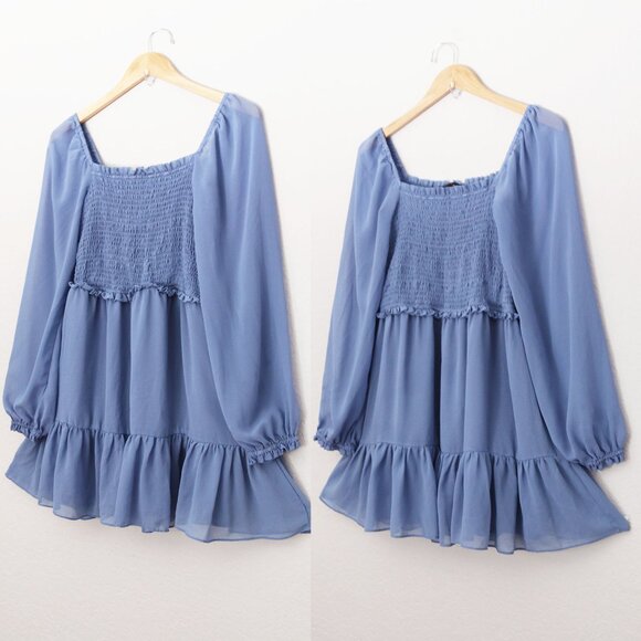 1.STATE Women's L Long Sleeves Smocked Ruffle Skirt Mini Dress Chiffon Blue $99 - Picture 4 of 15